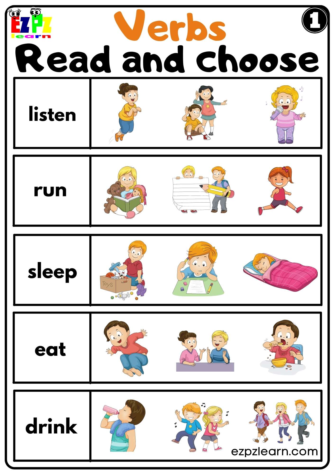 Verbs Read and Choose Worksheet for ESL and Home Schooling Kindergarten Set 1 free PDF Download